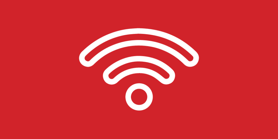 Red background with a white icon of a wifi symbol.