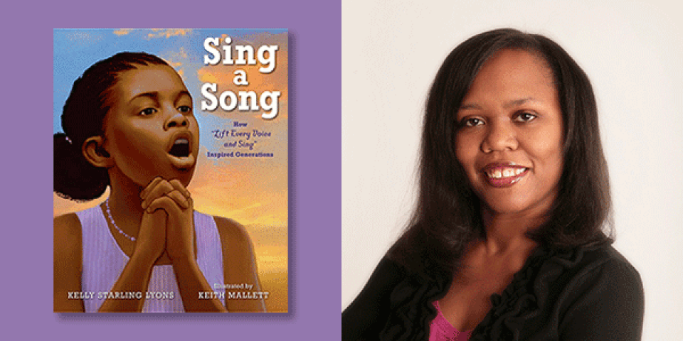 The cover of Sing a Song, featuring a young Black girl with her hands clasped and mouth opened, with a photograph of Kelly Starling Lyons.