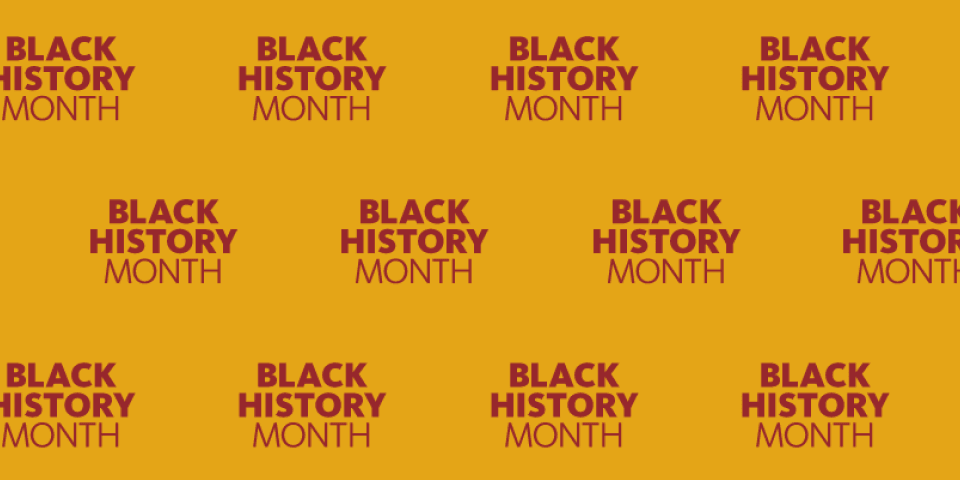 The words Black History Month appear repeatedly on a yellow background.