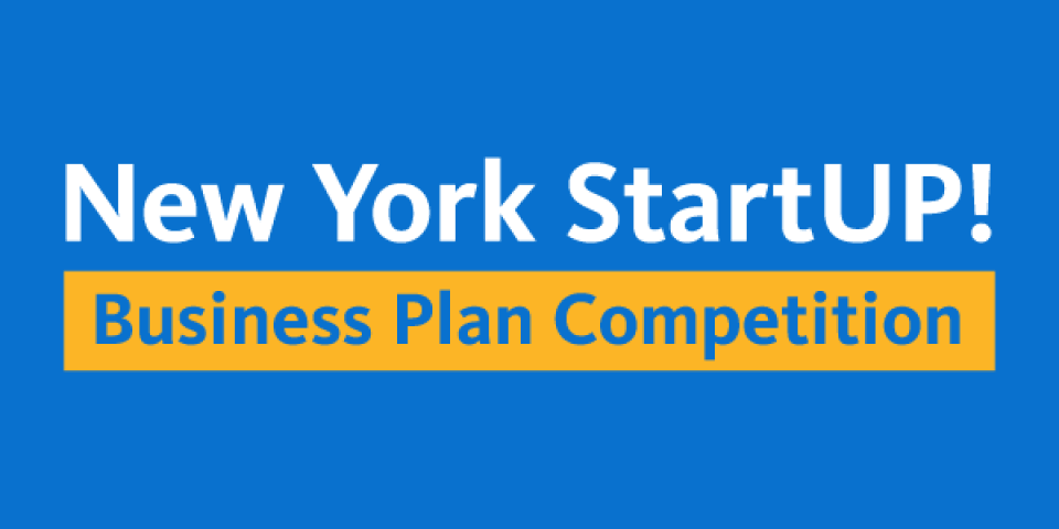 Blue, white, and yellow graphic that reads: New York StartUP! Business Plan Competition.