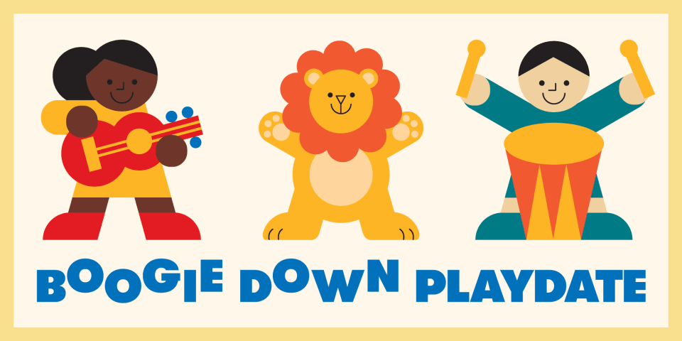 Illustration of children playing musical instruments alongside a friendly lion.