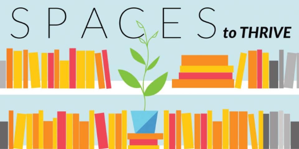 Spaces to Thrive logo featuring a bookshelf and a vibrant plant. 