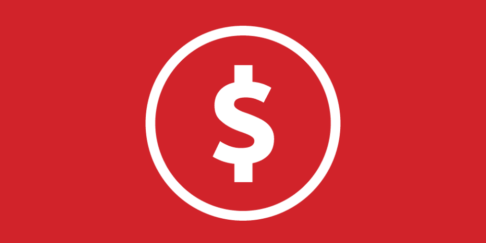 Red background with a white icon of a dollar sign.