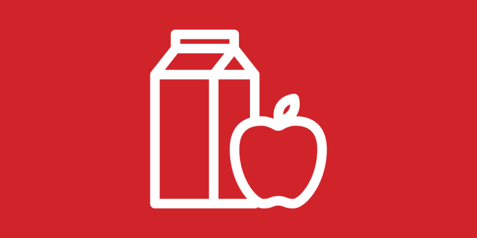 Red background with a white icon of an apple and a carton of milk.