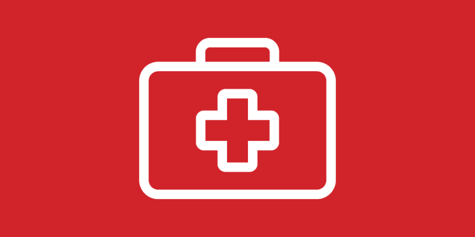 Red background with a white icon of a medical bag. 