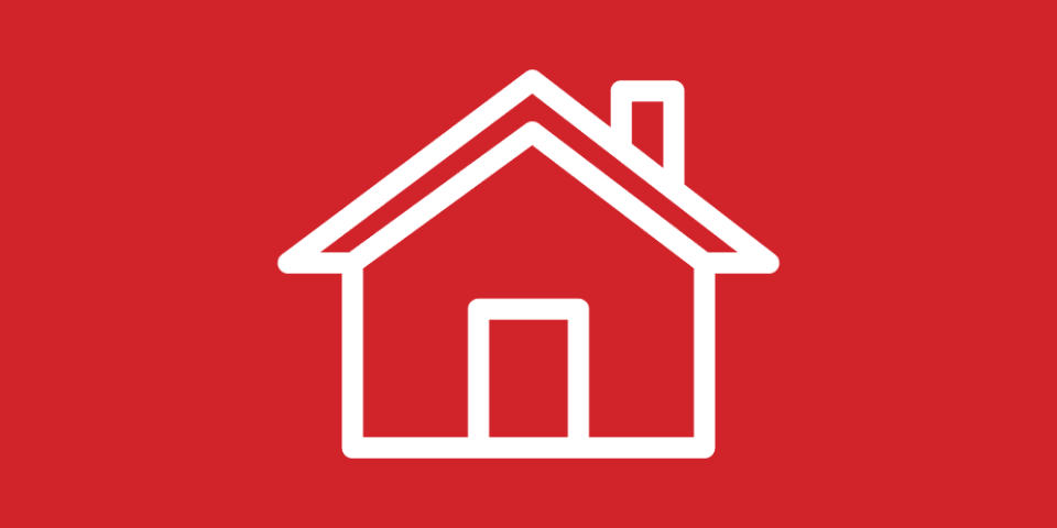 Red background with a white icon of a house.