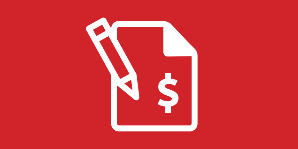 Red background with a white icon of a pencil and a piece of paper with a dollar sign.