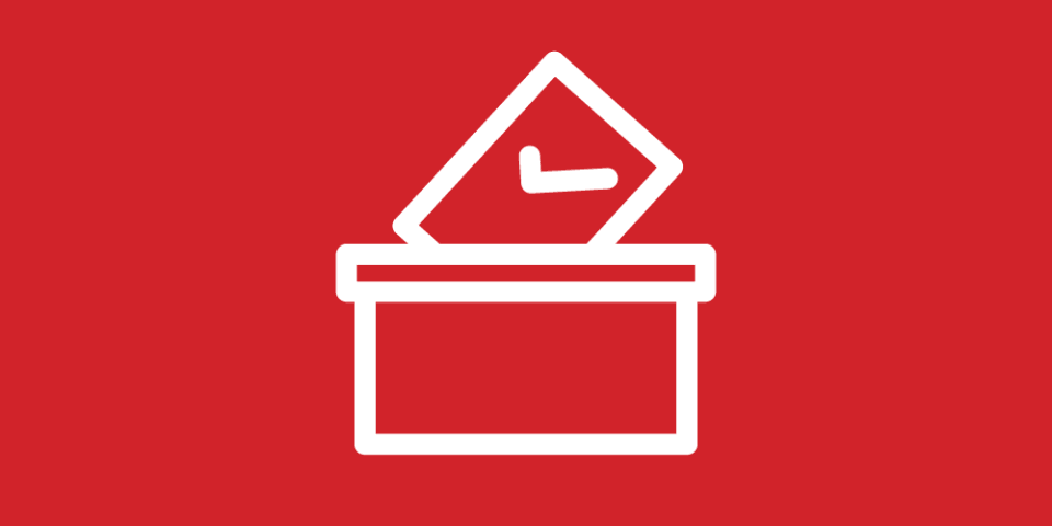 Red background with a white icon of a ballot box.