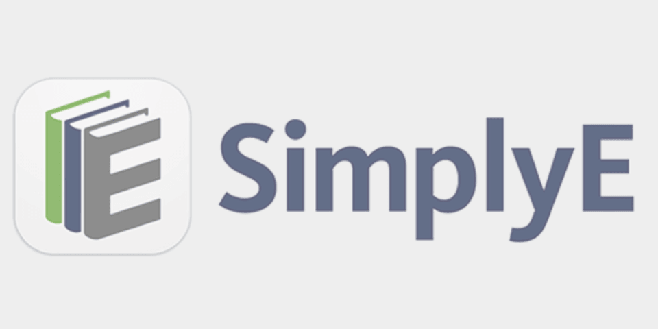 SimplyE text logo next to a graphic of a stylized row of books shaped like an E.
