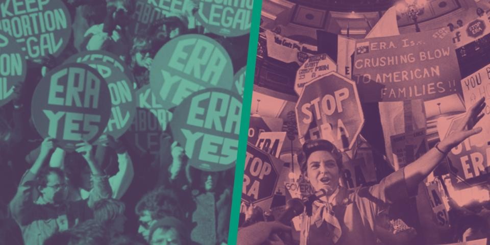 On the left, a green-colored photograph of a crowd holding up signs that read ERA Yes, on the right, a red-colored photograph of a crowd of people holding up signs that read Stop ERA. 