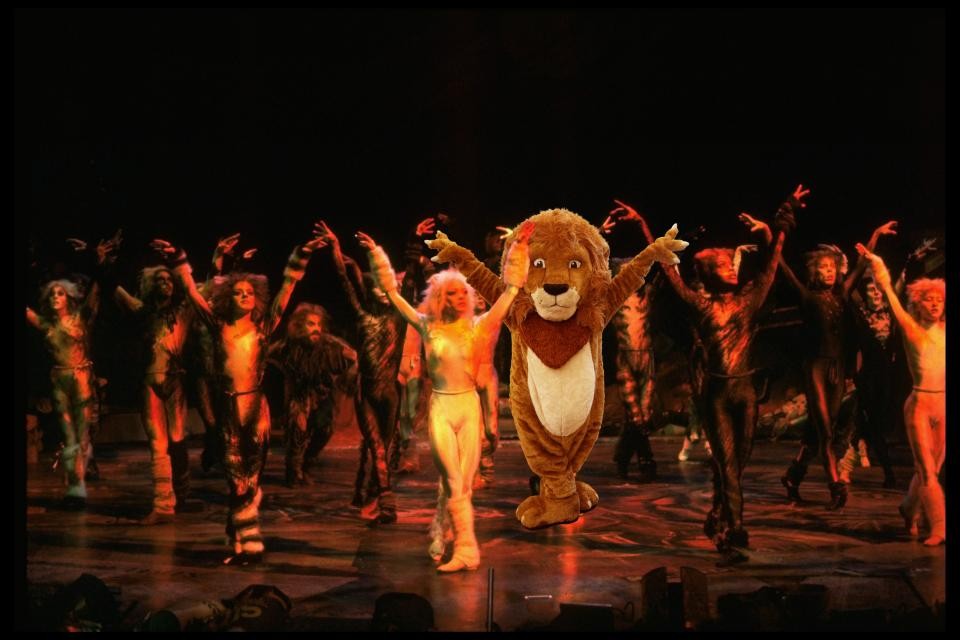 The Library's Lion mascot photoshopped into a photo from the musical 'Cats'