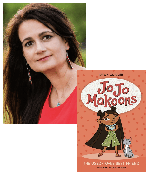 photo of Dawn Quigley and the cover of her book, JoJo Makoons