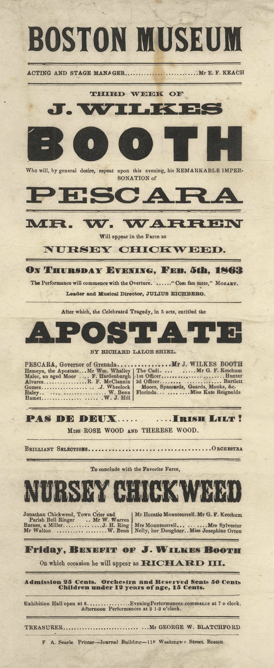 Playbill for Boston Museum performance starring John Wilkes Booth, 1863