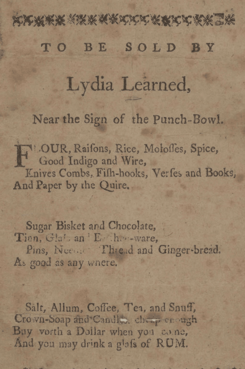 Advertising card for Lydia Learned, c. 1770