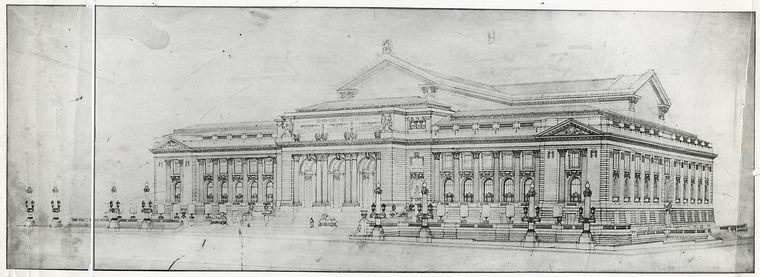 Drawing of the library, showing the Fifth Avenue and Forty-second Street facades.