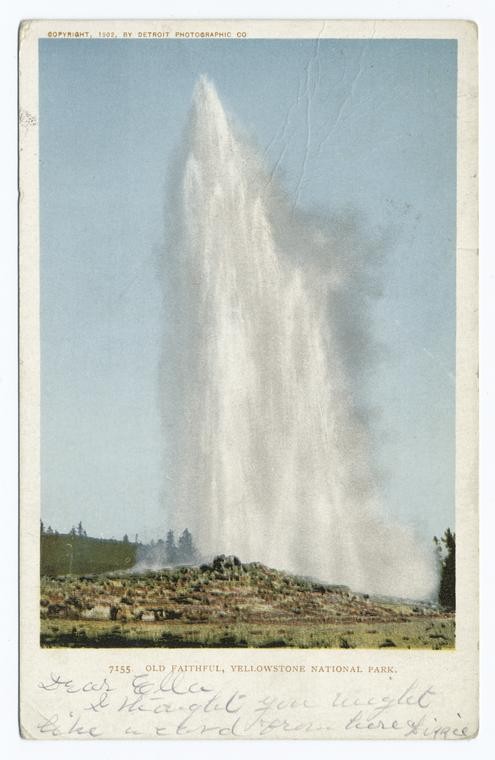 vintage postcard showing Old Faithful geyser in action