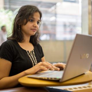 Photograph of a Library patron working at a laptop.