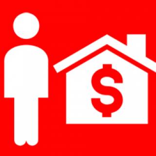 Image of a figure standing in front of the outline of a house with a money sign on it