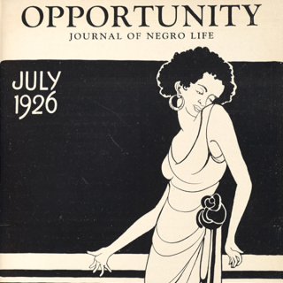 : A black and white illustration of a female of color wearing a white cocktail dress with a black flower at her hip and a hoop earring posed against the railing of a balcony. The words “Opportunity: Journal of Negro Life is at the top of the image. The words “July 1926” are on the left side. 
