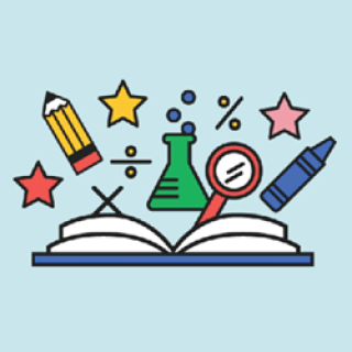 Illustration of a book opening to math, science, and art-related icons. 