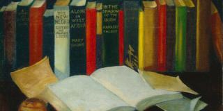 Painting of a collection of books, including one open on a desk
