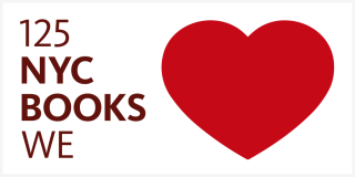 White rectangle with burgundy text that reads 125 NYC Books We and an image of a red heart