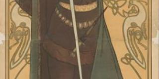Colorful poster of a woman in theatrical garb, with a cape and a sword in a hilt, set against an ornate background