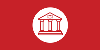 Red rectangle with white circle featuring a red icon of a library façade