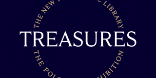 The word Treasures is large and white, with the words The New York Public Library and The Polonsky Exhibition in a circle around it, against a navy background