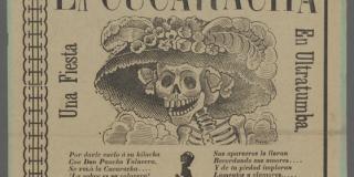 Broadsheet with text in spanish and skeleton caricature of woman wearing a large hat