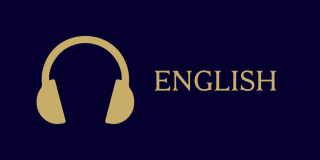 Dark blue rectangle with gold icon of headphones next to text that reads: English