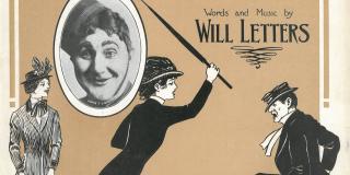 Archival image of a cover of sheet music from the suffrage movement, depicting a woman banging a man's head with her umbrella.