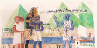 Drawing of ancient Egyptians, pyramids behind them.