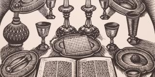 Woodcut scene of a Passover Seder table