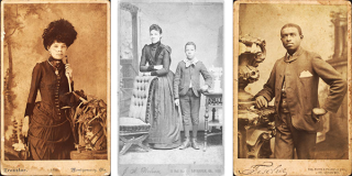 On the left, a woman wearing a hat and holding a parasol. In the middle, a woman and children standing in a portrait. Black and white photo. On the right, a man wearing a suit is standing against a table. The photo is cepia.right, a ma