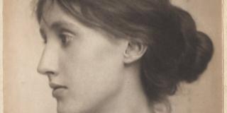 portrait of a young Virginia Woolf looking to the left (her right) and with her hair pulled back into a chignon