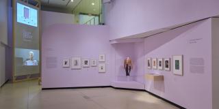 A photo of a lilac wall with framed artworks and a costume in the center. A rectangular floor to ceiling projection screen can be seen on the left, in the next room.