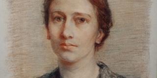color painted portrait of a woman with her hair pulled back and parted