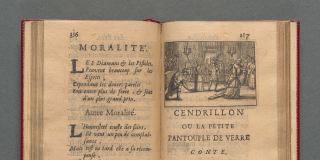 Copy of the earliest printed version of Mother Goose in French; the book is opened to the first page of the Cendrillon, or Cinderella, story.