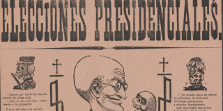 Text and image on pink sheet. Main image: a bald man in a suit stands among skulls and holds up one skull, staring it in the eye sockets.