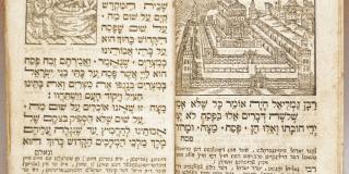 Image of old, opened book with Hebrew writing. On the left page is an image of people seated at a table; on the right is an image of a walled city.