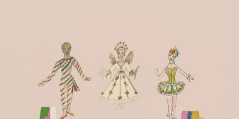 Costume illustrations for a Candy Cane with green, pink and white fabric swatches attached; a Christmas Angel; and a Marzipan Shepherdesses with pink, blue, and yellow fabric swatches attached.