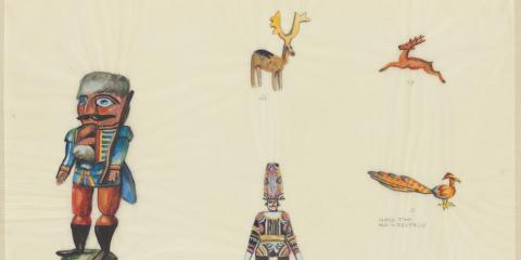 A color rendering of 5 Christmas toys: a nutcracker, a standing deer, a leaping deer, a bird, and a man wearing a colorful pattern.