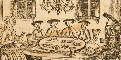 Scene of 18th century Jewish family at a Seder table.