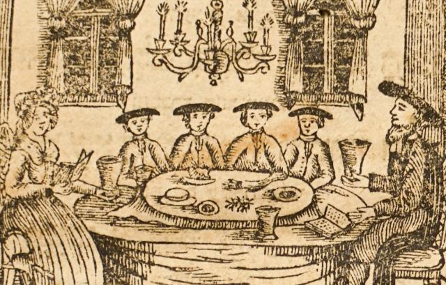 Scene of 18th century Jewish family at a Seder table.