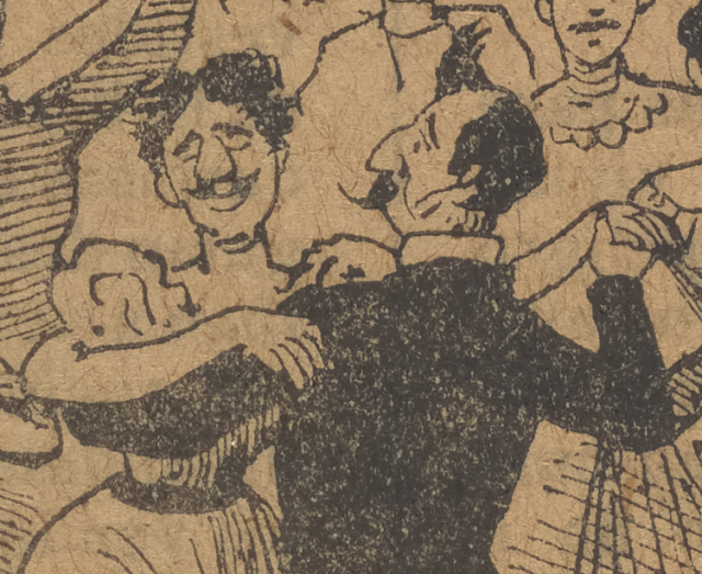 Cartoon of two men dancing together; one wears a dress, one wears a suit