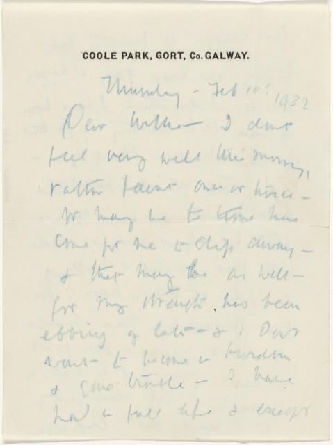 Mansucript letter from Lady Gregory to W.B. Yeats on Coole Park letter head 