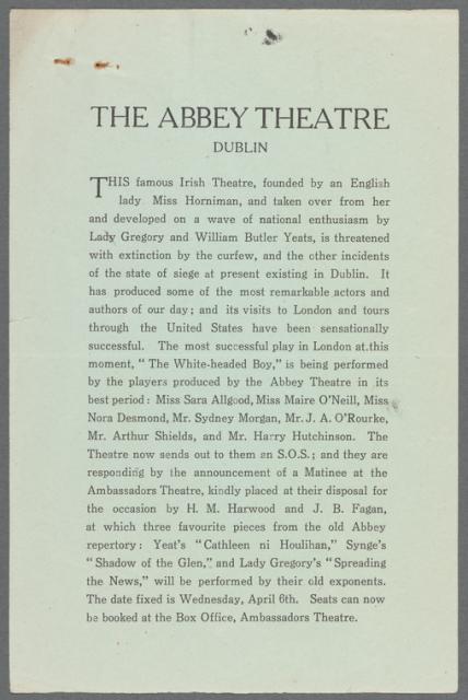Printed braodside on green paper, titled "The Abbey Theatre Dublin"