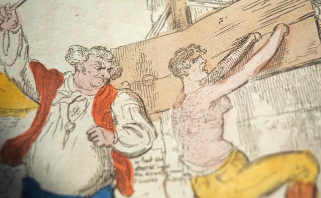 Hand-colored etching of the so-called "female husband" being punished.