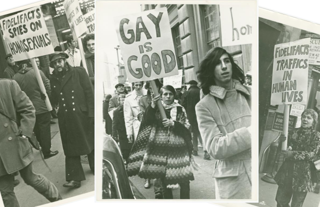 Three black and white photographs of protesters in 1971. Signs read: "Fidelifacts spies on homosexuals," "Gay is Good" and "Fidelifacts traffics in human lives"